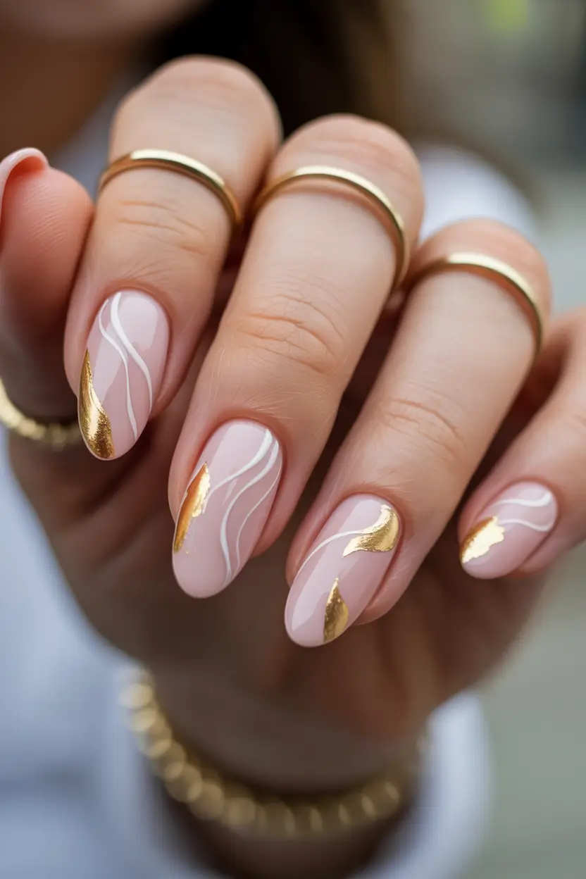 classy spring nails 2026 Soft Pink Almond with Gold Foil Accents