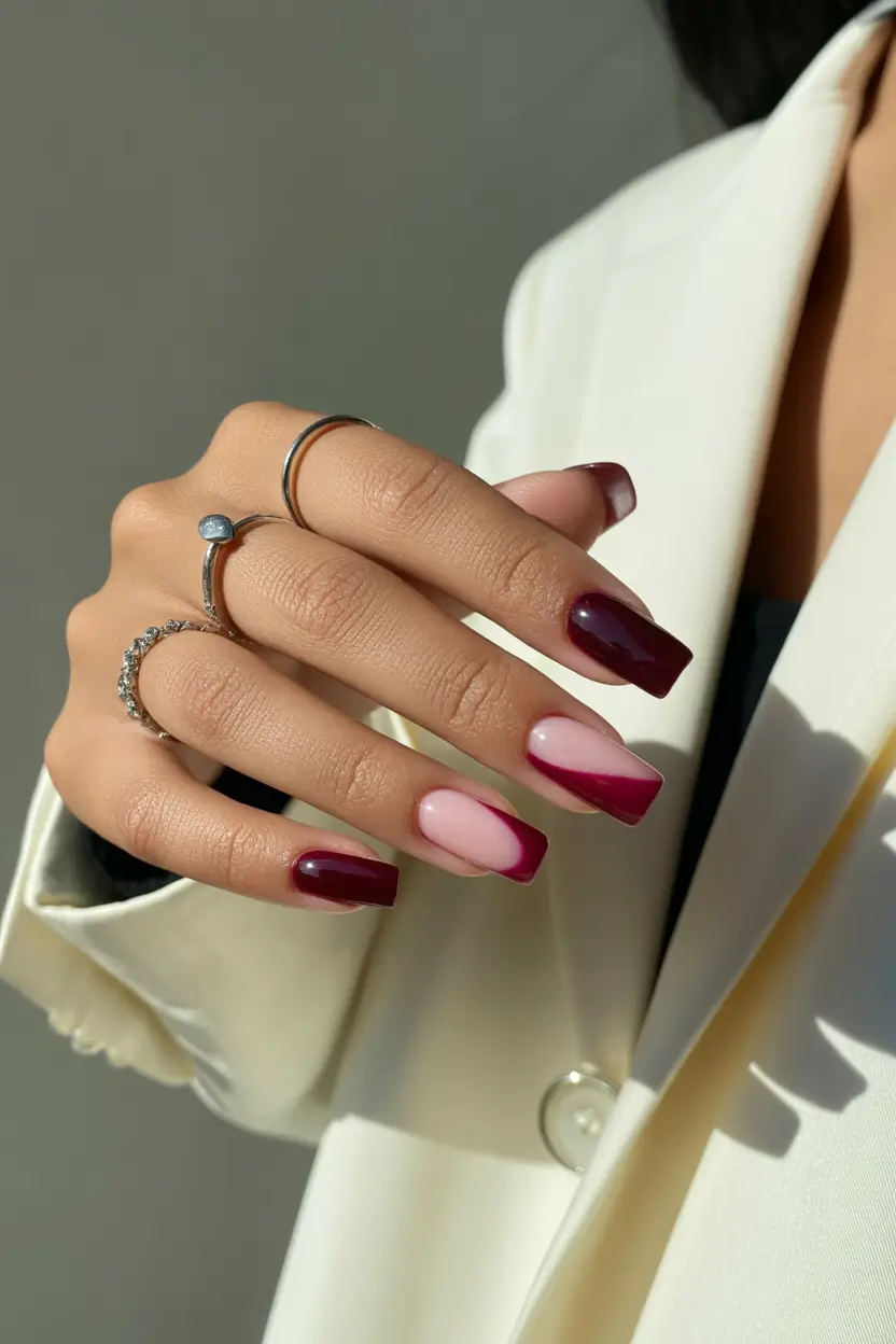 cute cool spring nails 2026 Elegant Burgundy French Tips With Soft Pink Base