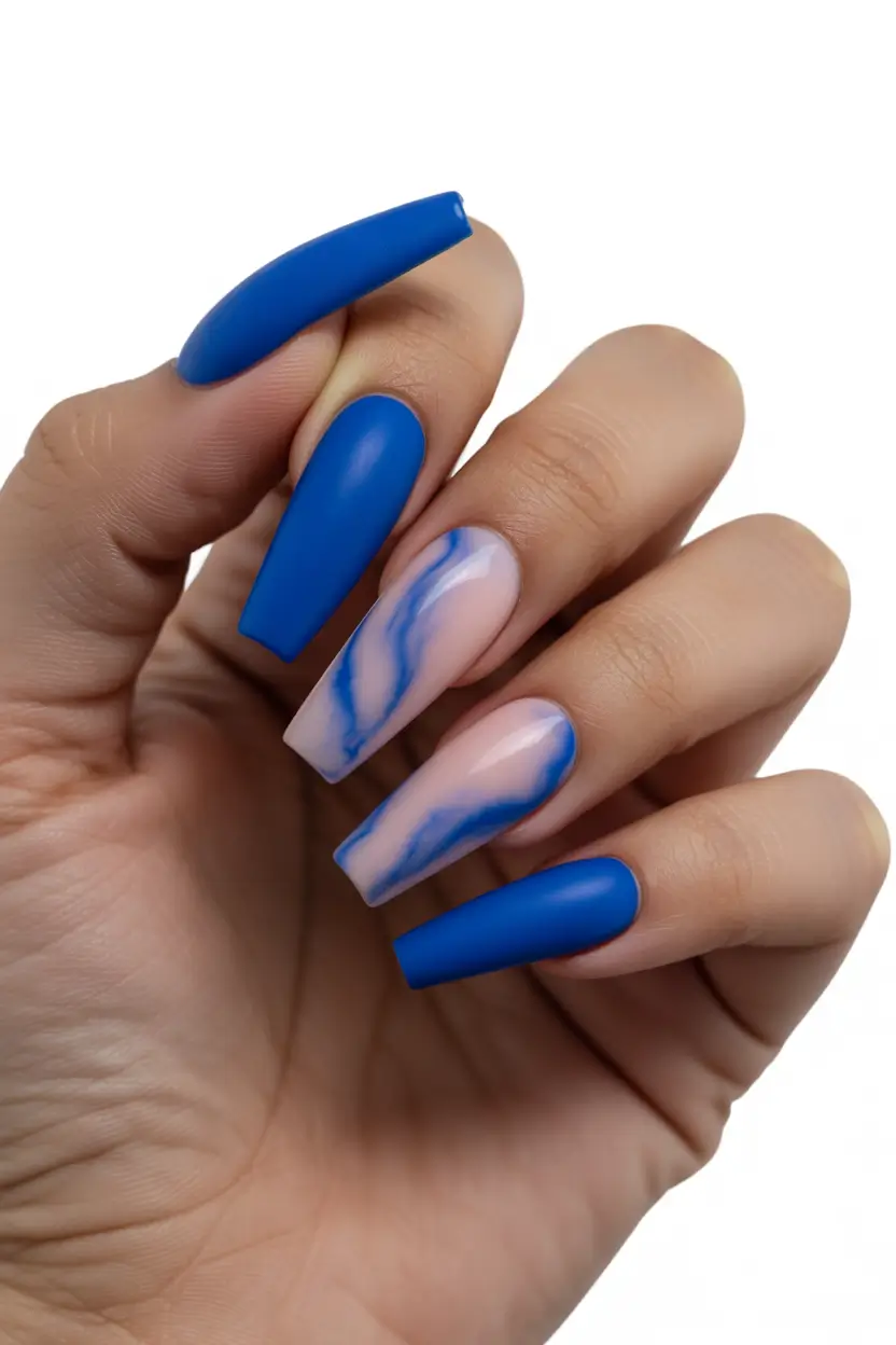 cute cool spring nails 2026 Royal Blue Marble Nails With Matte Finish