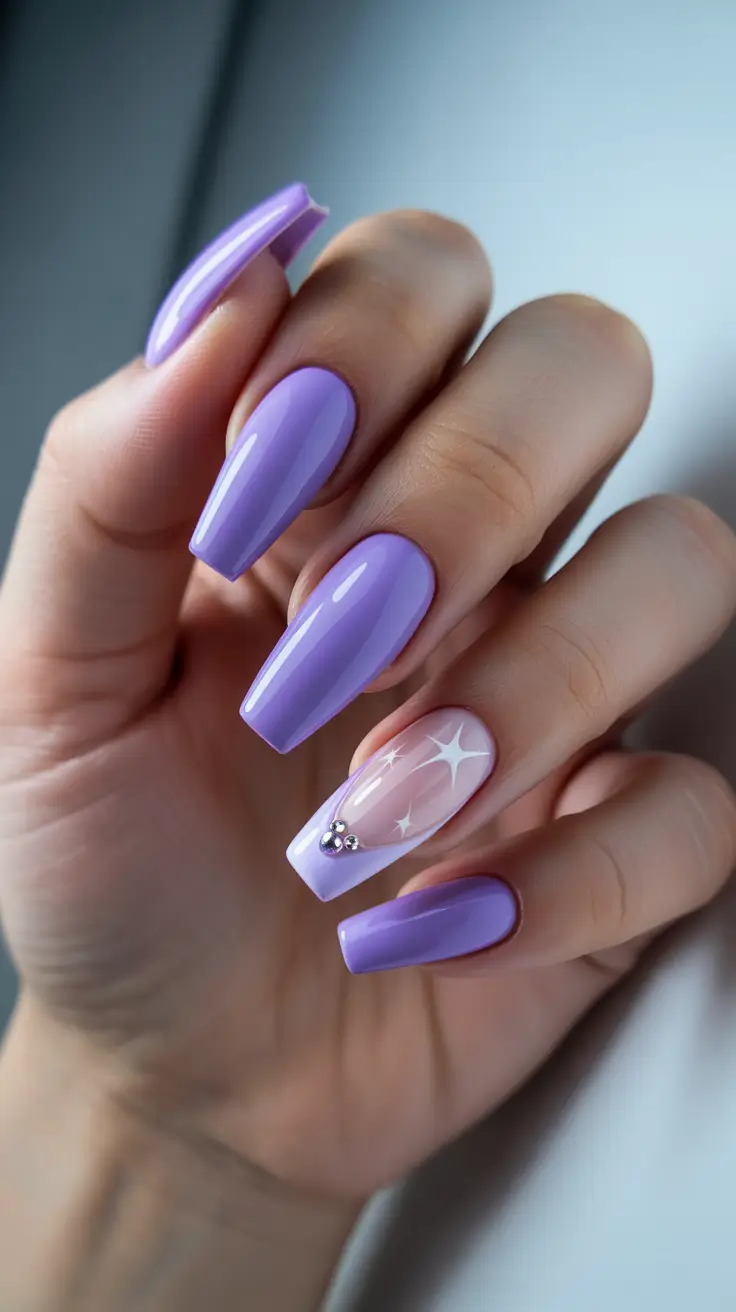 cute cool spring nails 2026 Lavender Coffin Nails With Star Accent