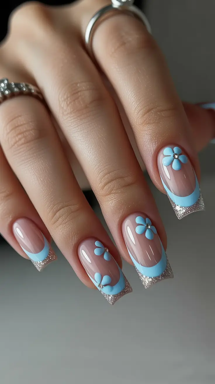 cute cool spring nails 2026 Blue Floral French with a Modern Square Edge