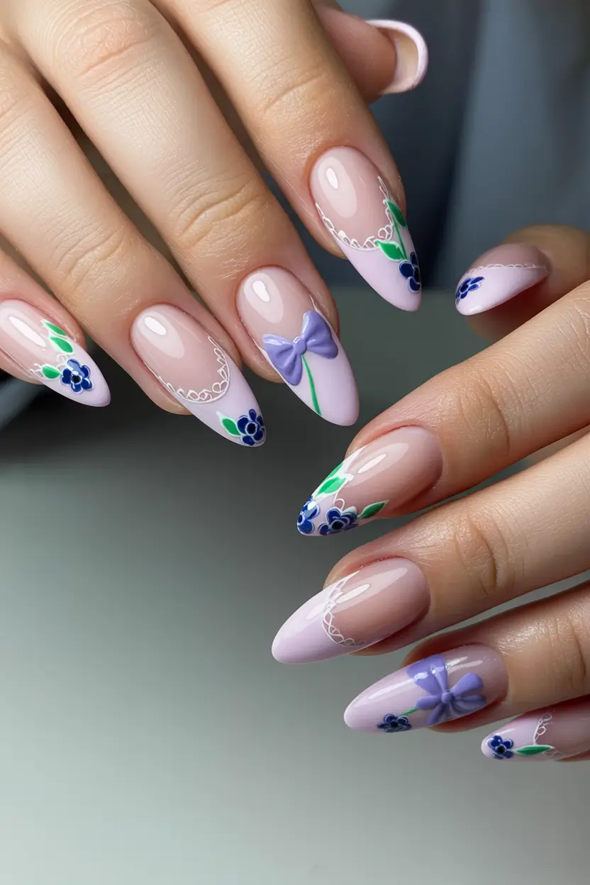 cute cool spring nails 2026 Soft Pink Almond with Bows and Delicate Floral Art