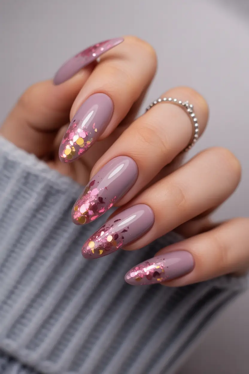 cute cool spring nails 2026 Soft Mauve Almond with Pink Glitter Ombre