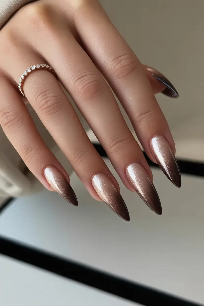 cute cool spring nails 2026 Champagne Chrome Stiletto with Gradient Shine