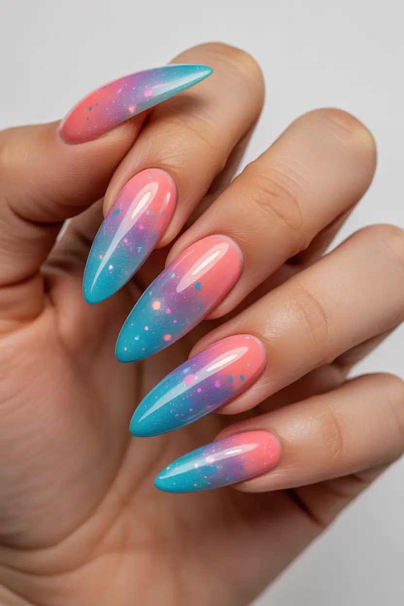 cute cool spring nails 2026 Galaxy Pastel Almond Nails With High-Gloss Finish