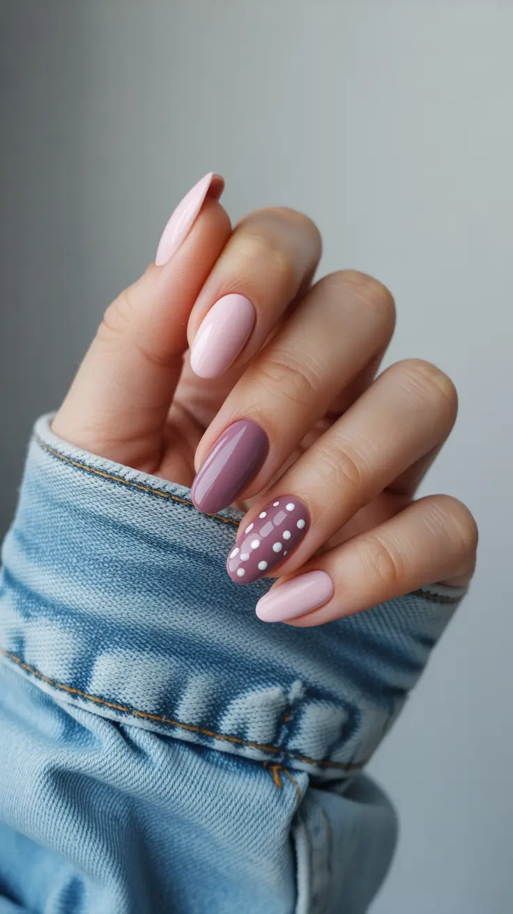 cute cool spring nails 2026 Soft Pink and Mauve Nails With Polka Dot Accent