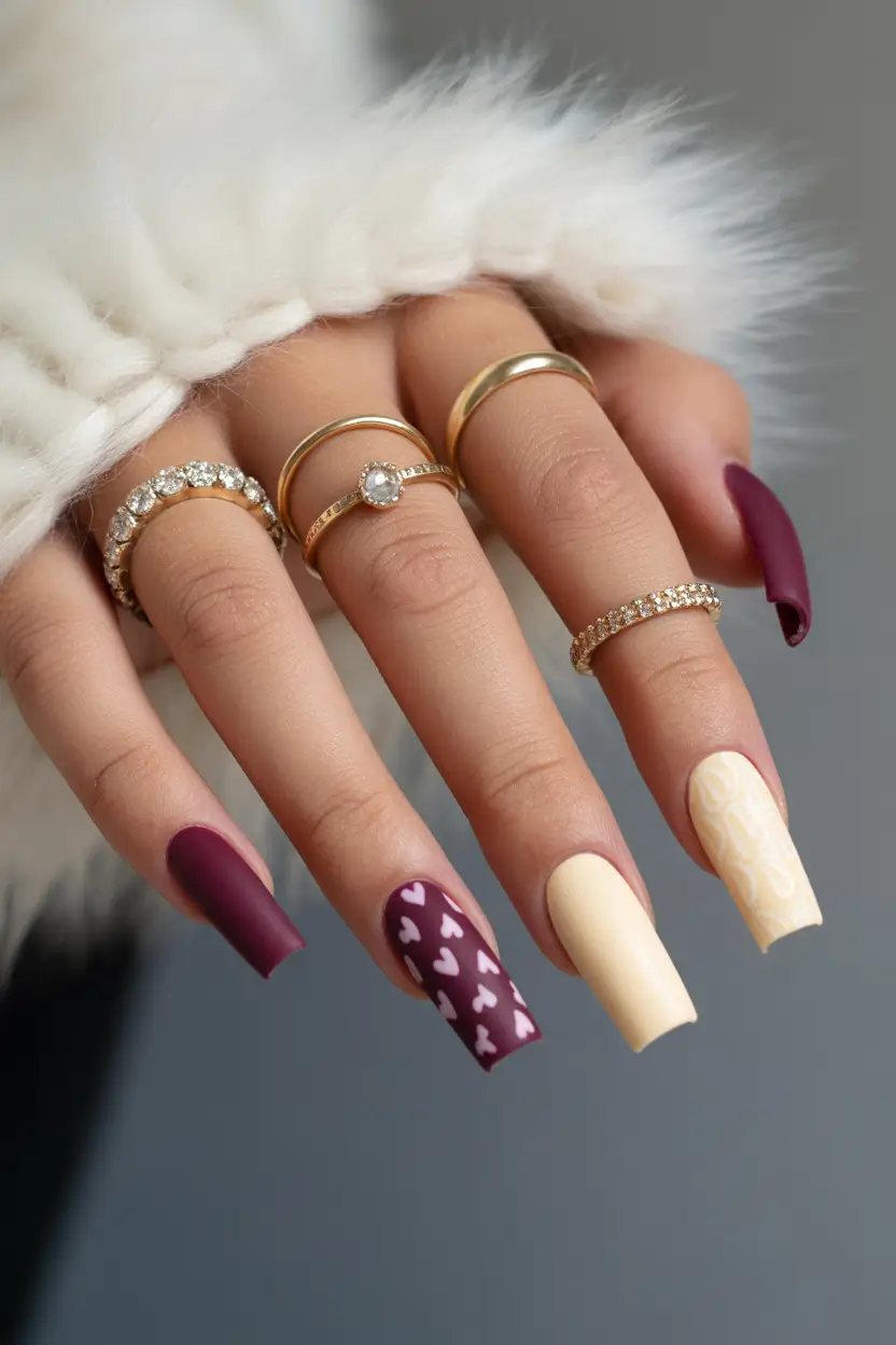 cute cool spring nails 2026 Moody Burgundy and Cream Nails With Heart Details