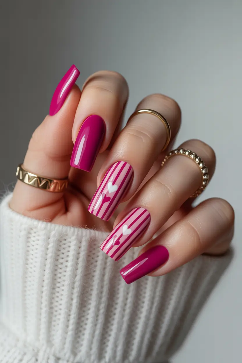 cute cool spring nails 2026 Hot Pink Striped Nails With Heart Art