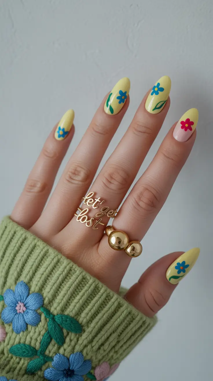 cute fun spring nails 2026 Sunny Florals on Almond Nails