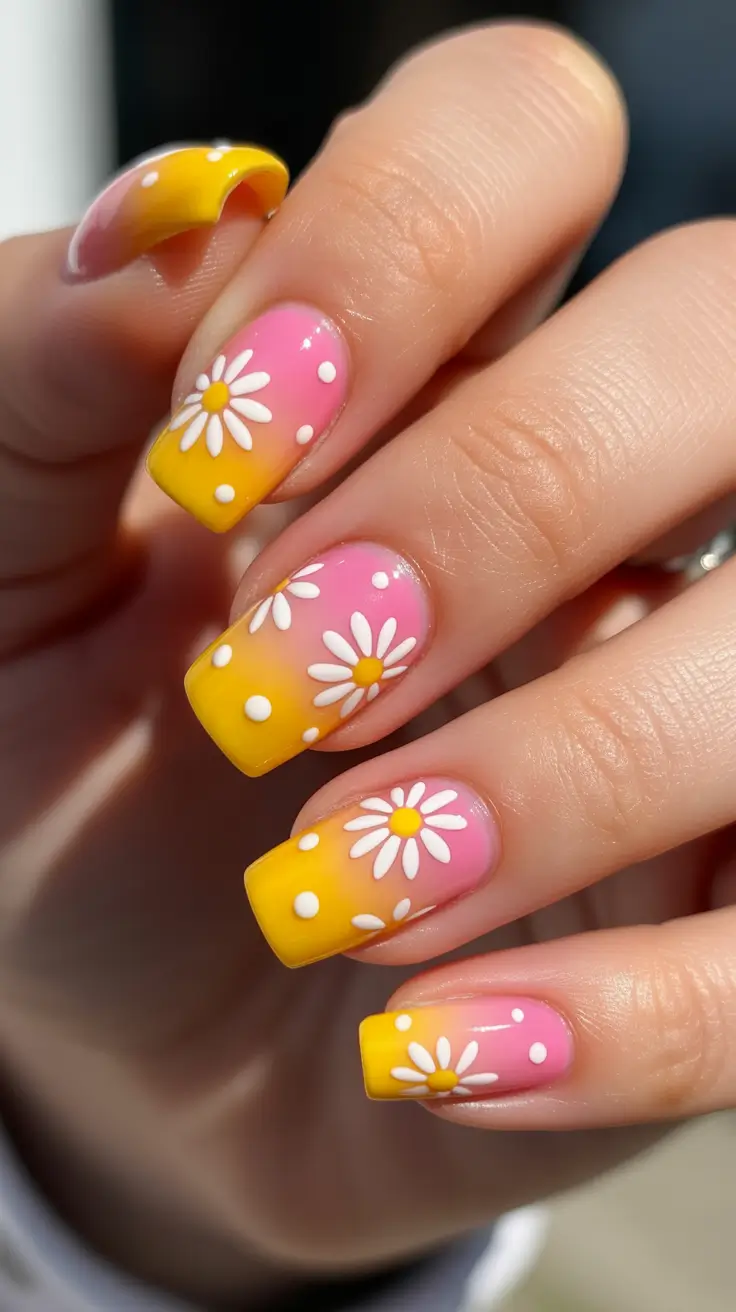 cute fun spring nails 2026 Sunset Daisy Ombre on Square Nails
