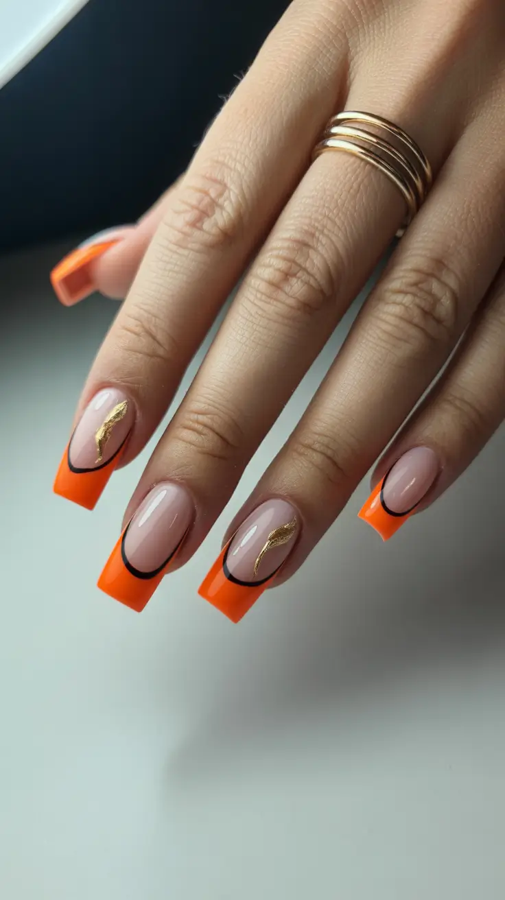 cute fun spring nails 2026 Orange French Tips with Gold Detail