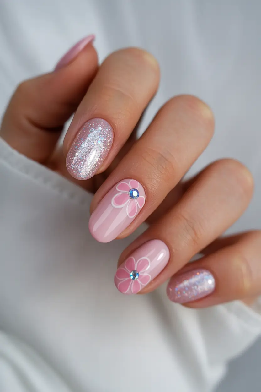 cute fun spring nails 2026 Pink Floral Glitter Accent Nails