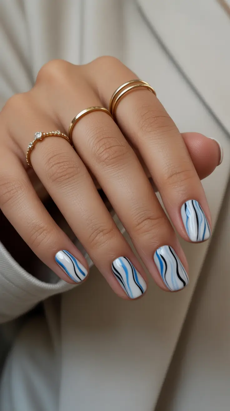 cute fun spring nails 2026 Blue Wave Line Art on Short Square Nails