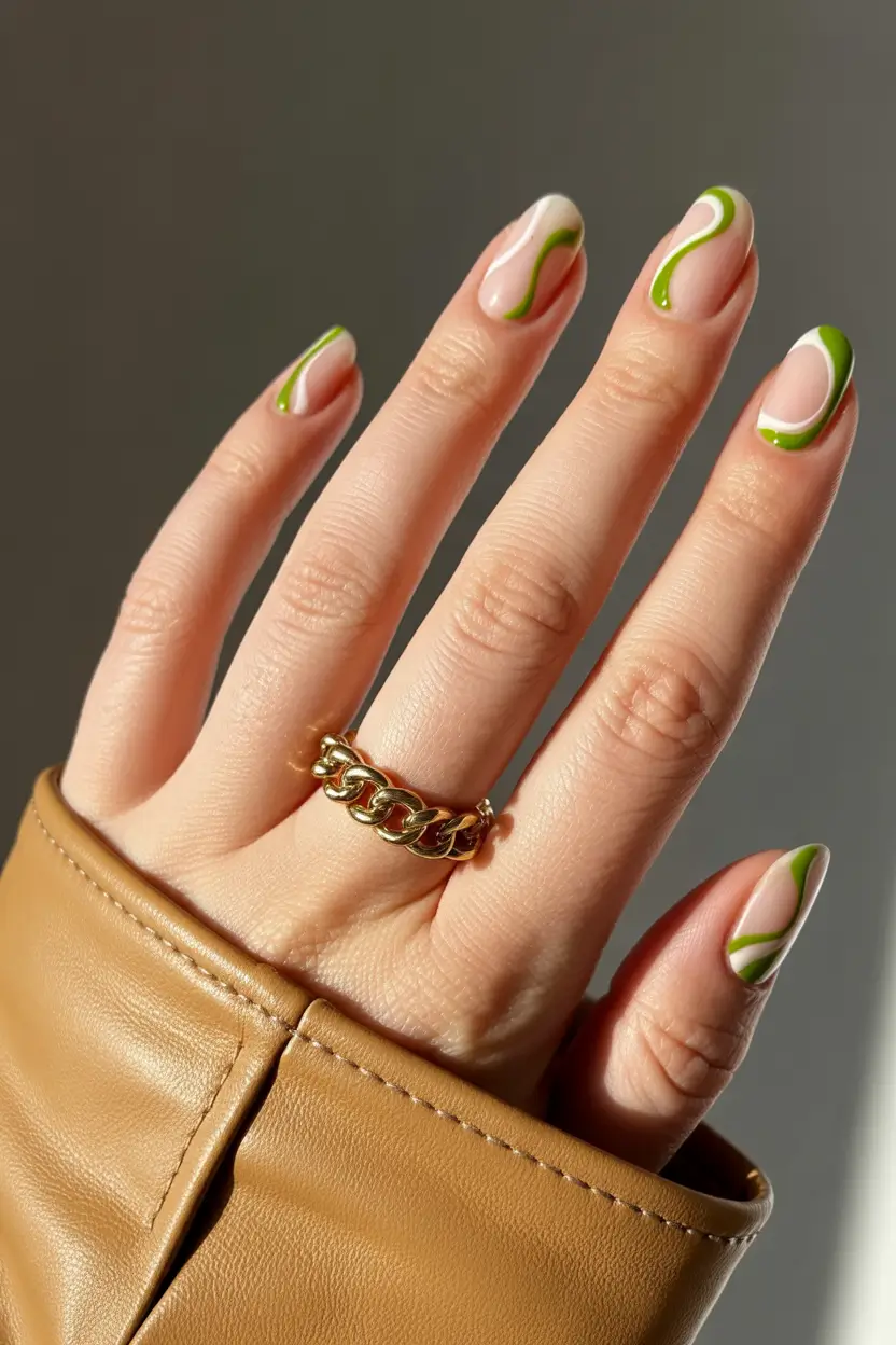 cute fun spring nails 2026 Green Swirl Almond - Minimal Art with a Fresh Twist