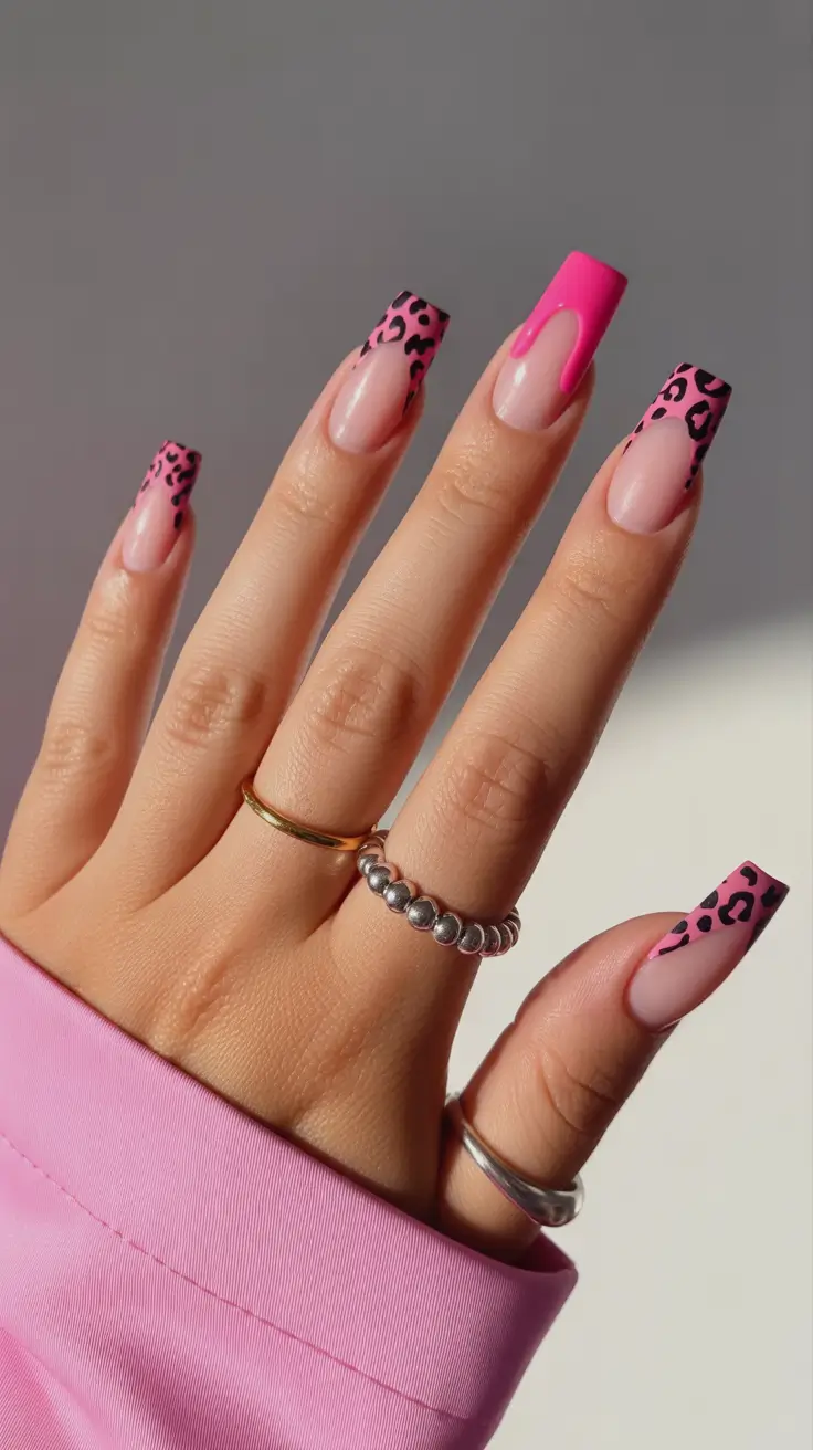 cute fun spring nails 2026 Hot Pink Leopard - Statement Square with Edge