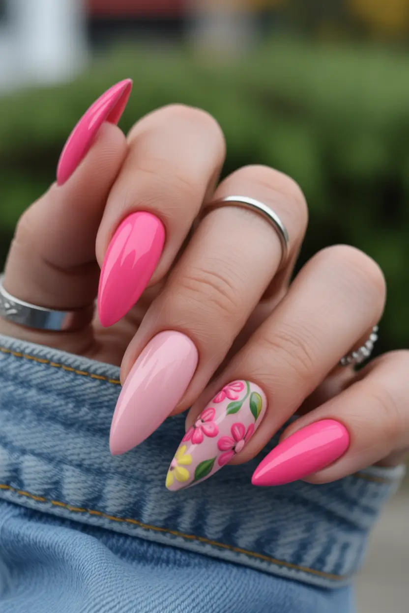 cute fun spring nails 2026 Pink Blossom Statement Almond Nails