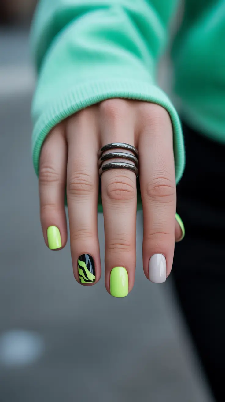 cute fun spring nails 2026 Neon Lime Short Square with Graphic Accent