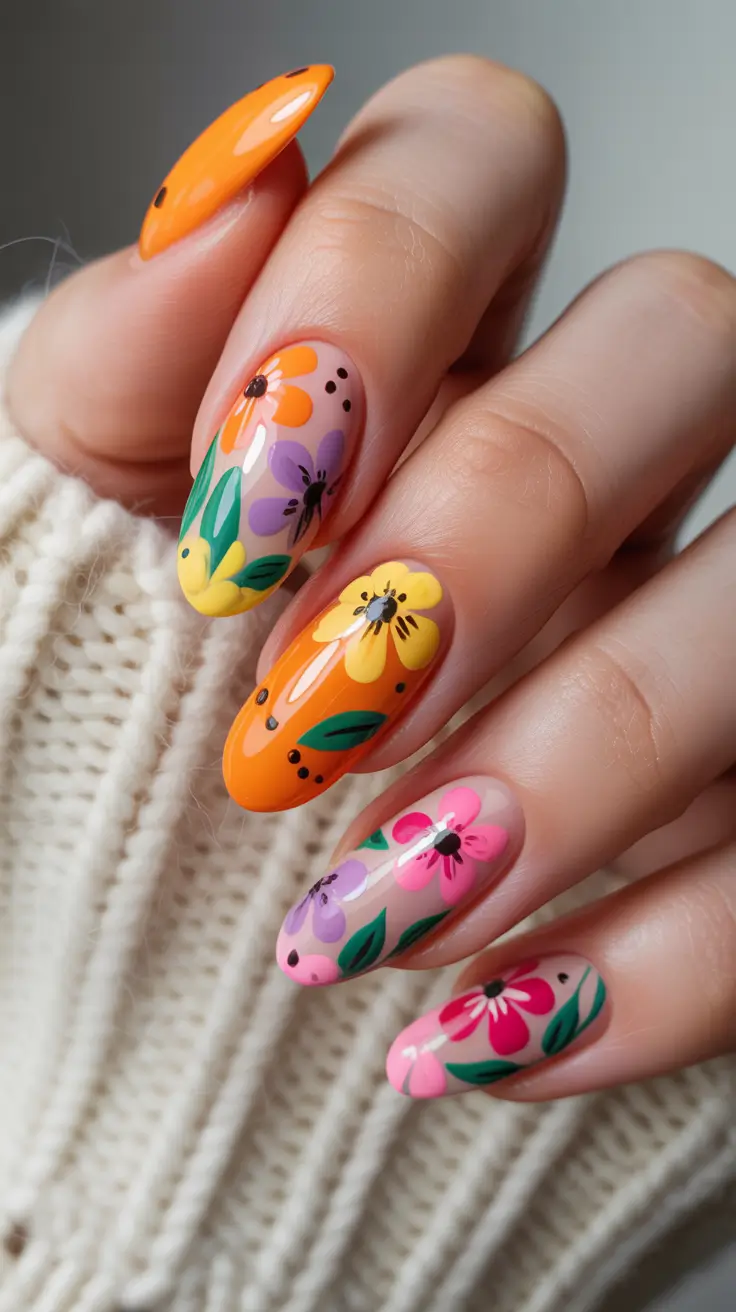 cute fun spring nails 2026 Warm Retro Floral Art on Long Almond Nails