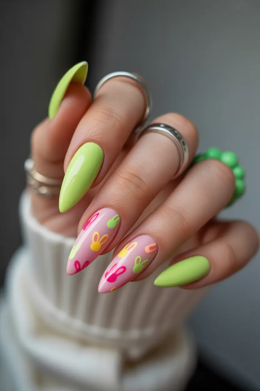 cute fun spring nails 2026 Playful Pastel Graphics on Short Almond Nails