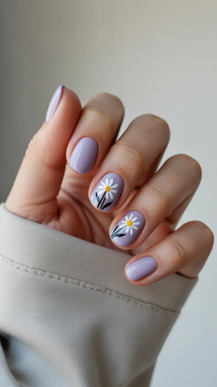 cute fun spring nails 2026 Soft Lavender Daisies on Short Square Nails