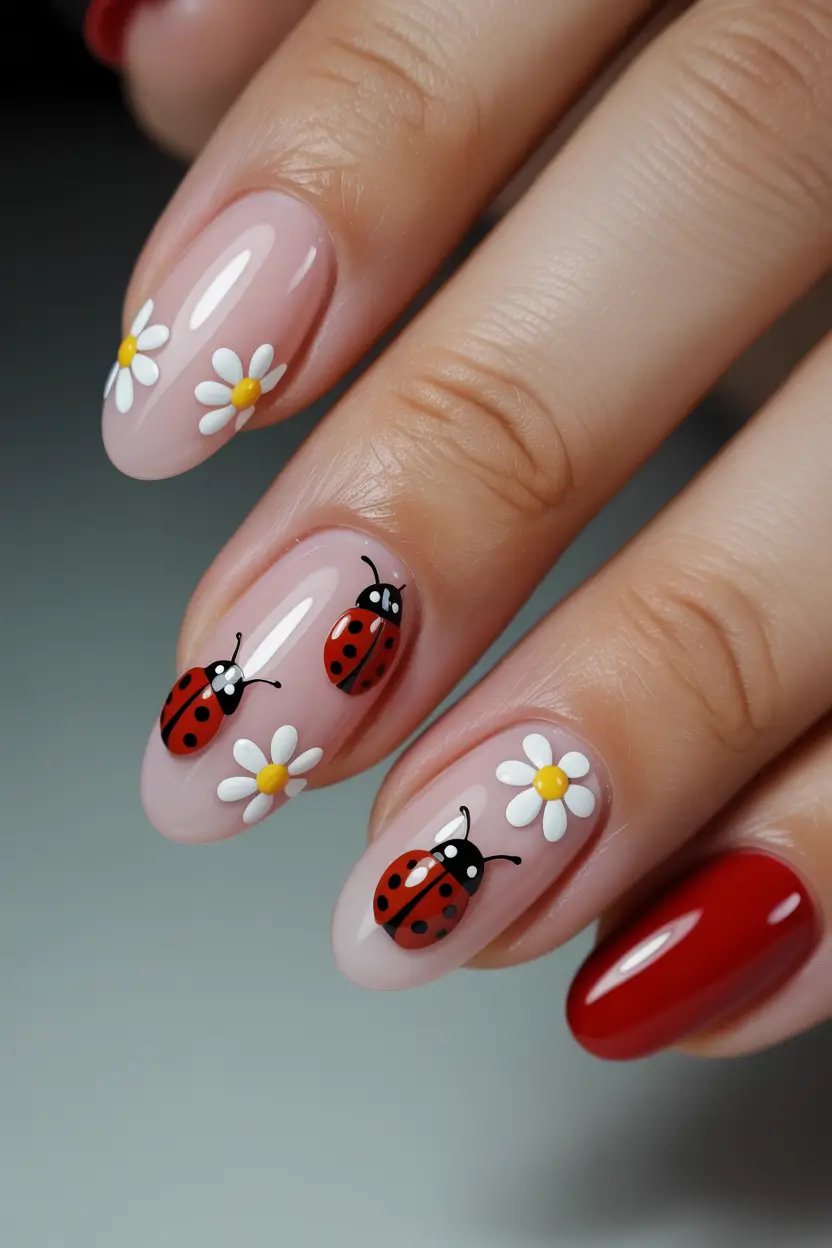 cute fun spring nails 2026 Ladybug and Daisy Romance on Soft Pink Almond Nails