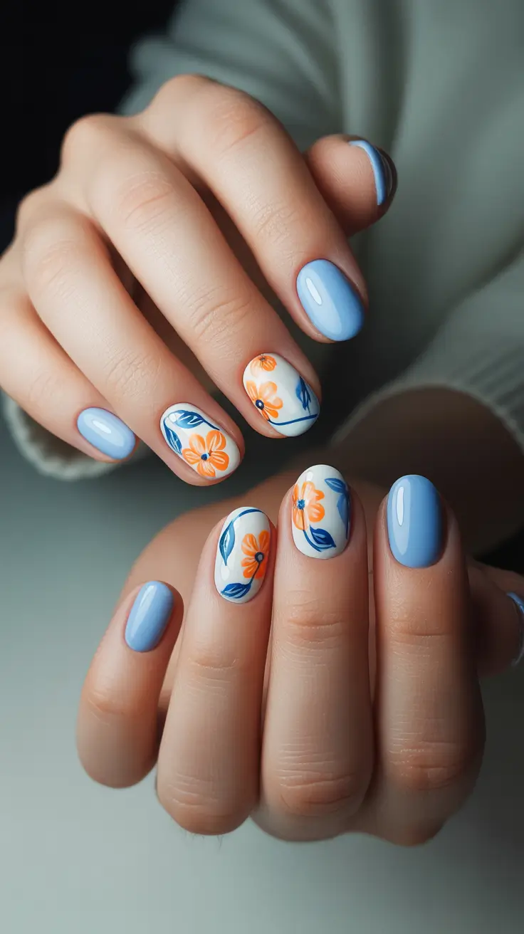 cute fun spring nails 2026 Blue and Orange Floral Harmony on Short Square Nails