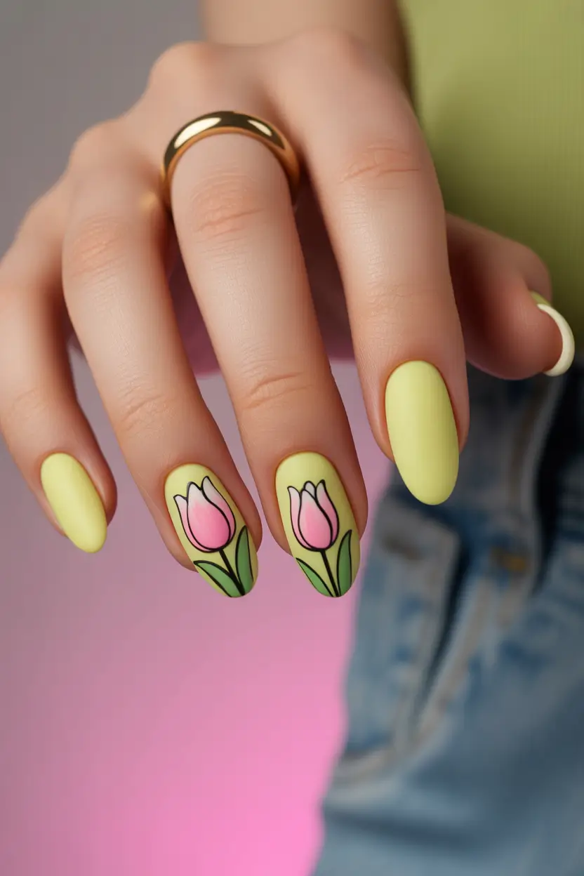 cute fun spring nails 2026 Yellow Tulip Art on Fresh Almond Nails