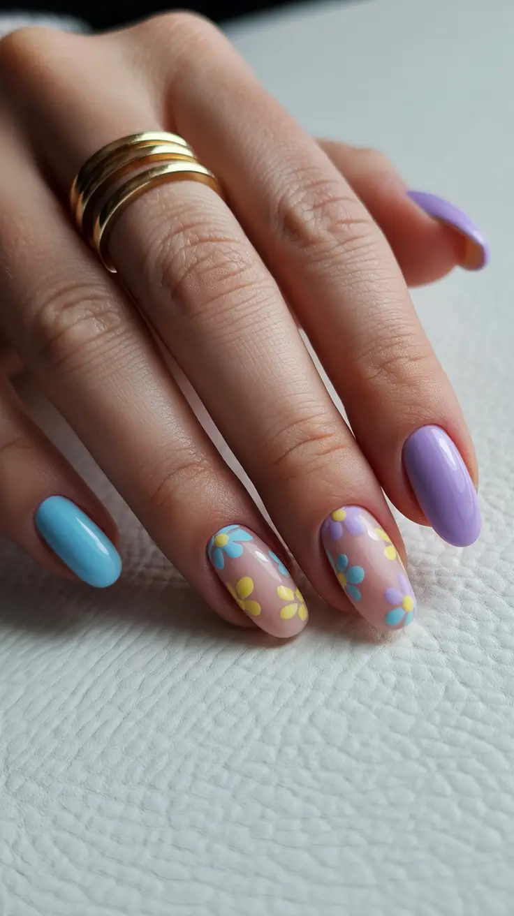 cute fun spring nails 2026 Pastel Flower Mix on Short Rounded Nails