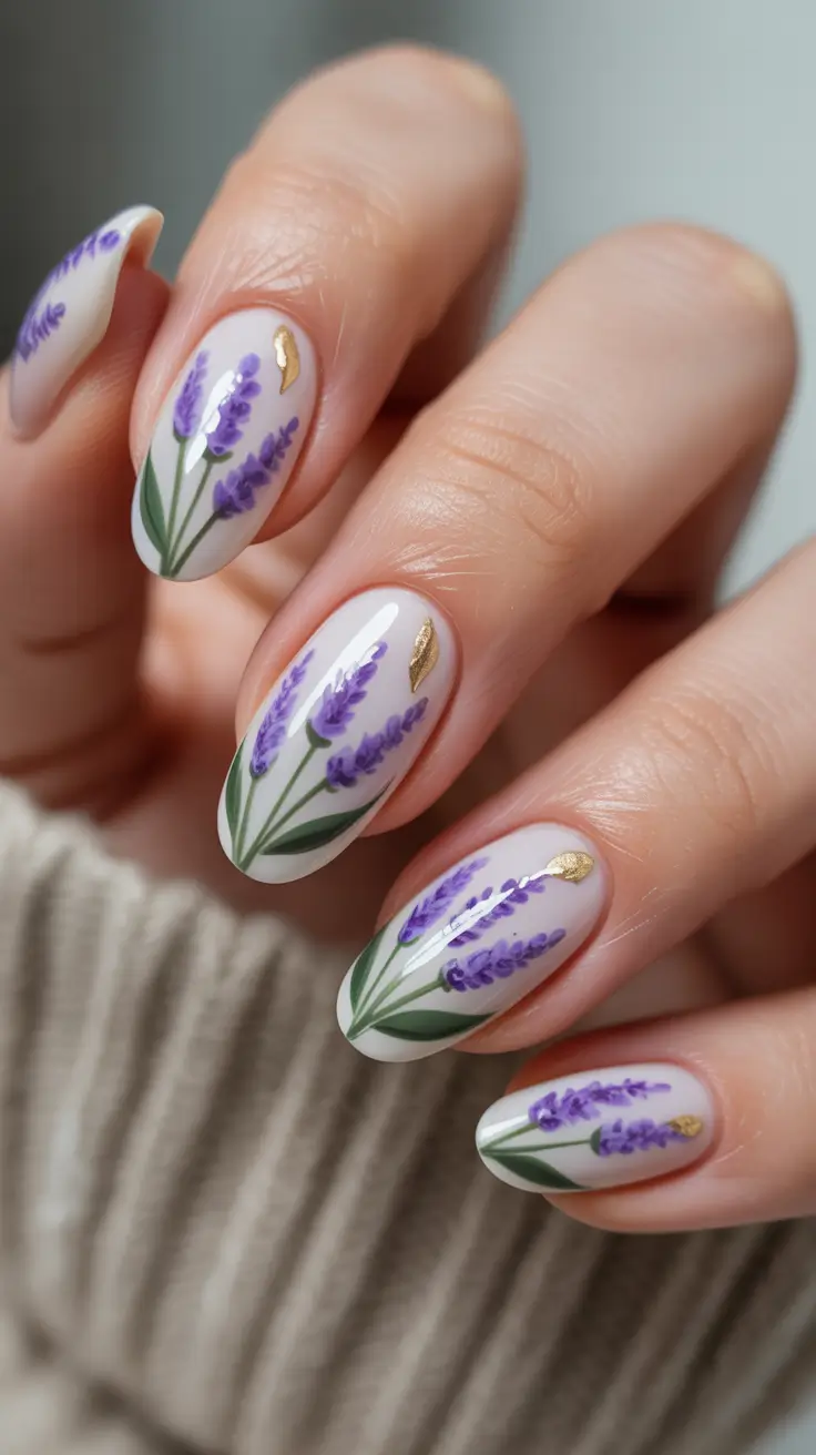 cute spring almond nails 2026 Lavender Botanical Almond Nails for Soft Spring Days