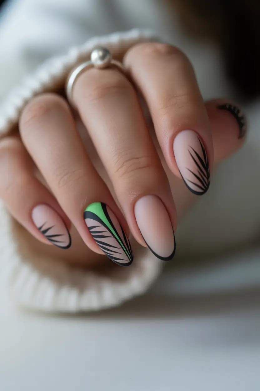 cute spring almond nails 2026 Minimal Nude Almond Nails with Graphic Green Accent