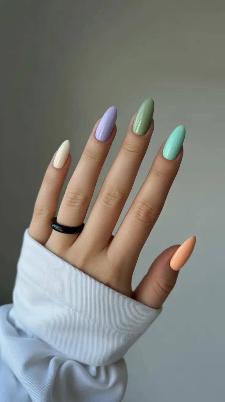 cute spring almond nails 2026 Soft Pastel Almond Nails in Mixed Spring Colors