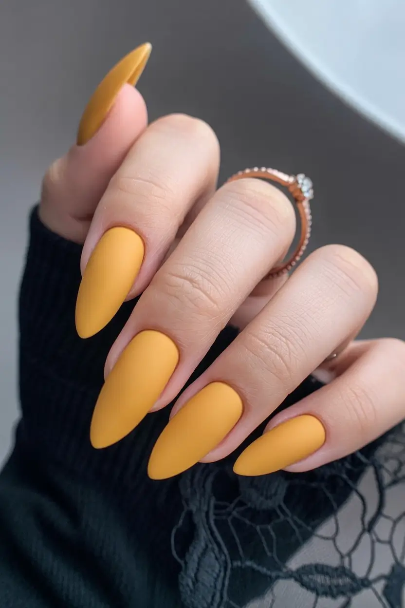 cute spring almond nails 2026 Matte Mustard Almond Nails for Bold Spring Minimalism