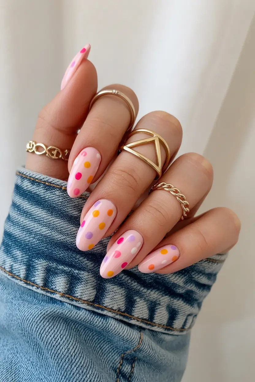 cute spring almond nails 2026 Pastel Pink Almond Nails with Retro Polka Dot Energy