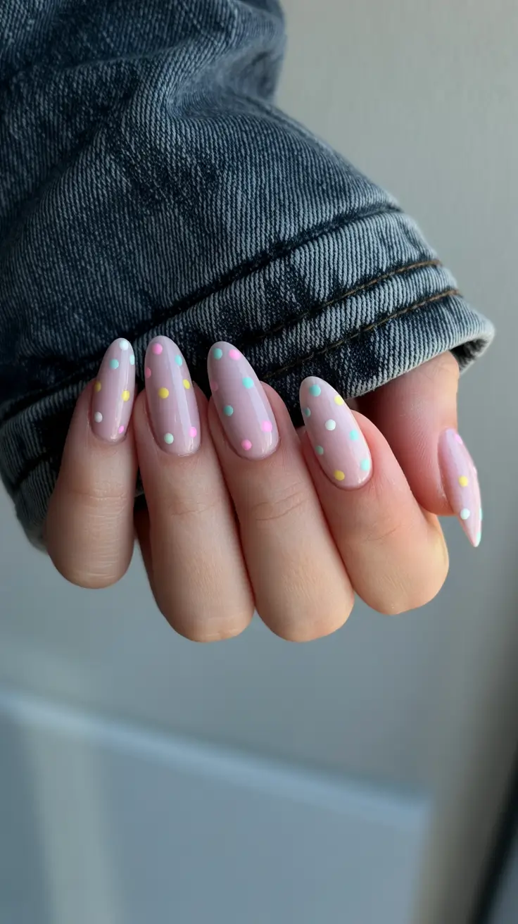 cute spring almond nails 2026 Muted Nude Almond Nails with Delicate Pastel Confetti
