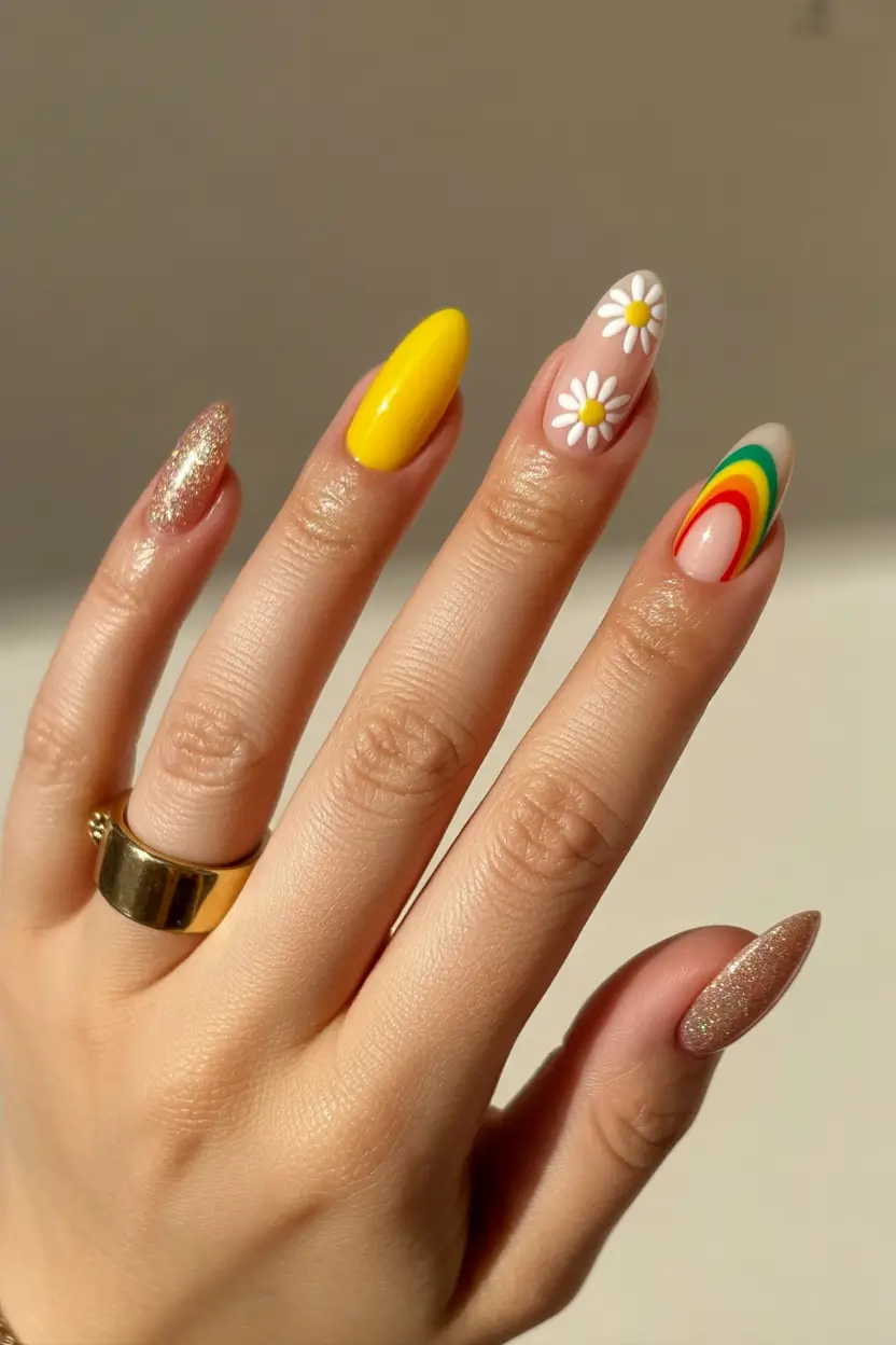cute spring almond nails 2026 Sunny Yellow Almond Nails with Floral Spring Art