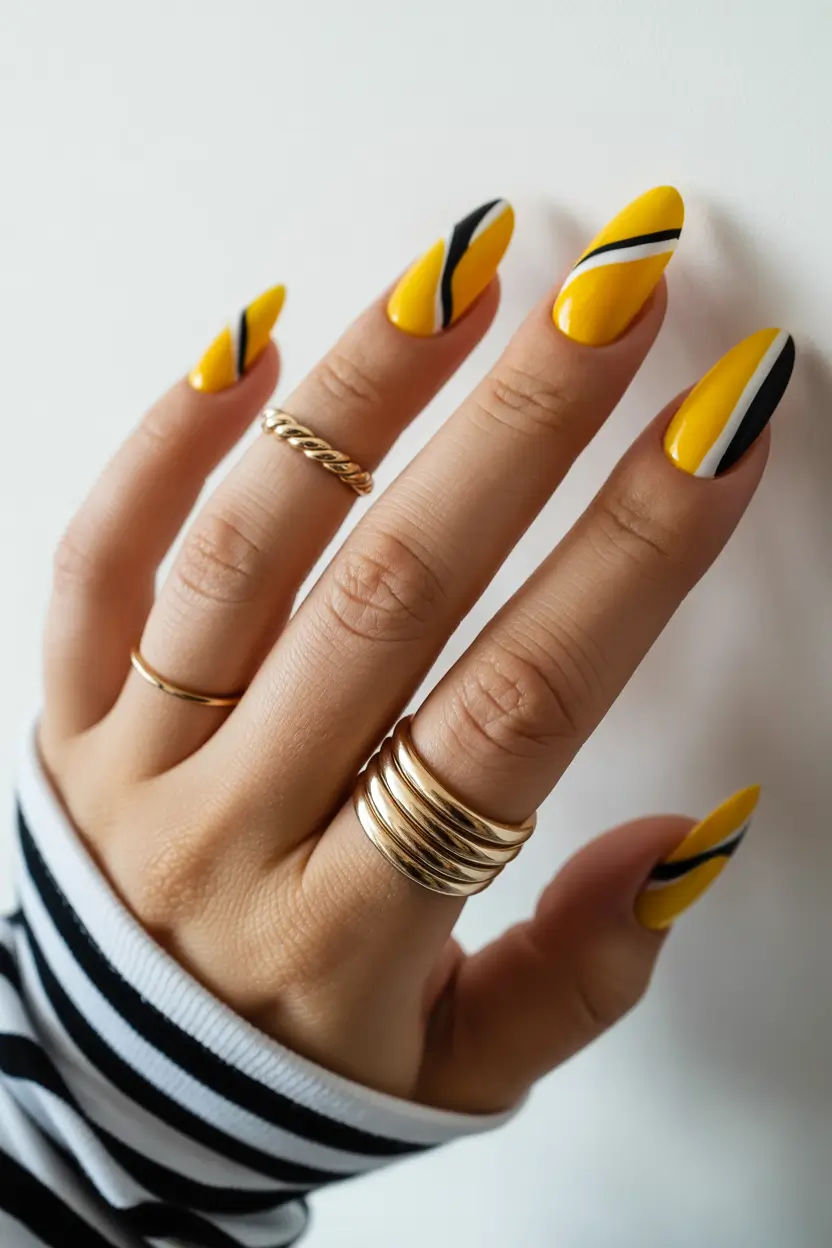 cute spring almond nails 2026 Graphic Yellow Almond Nails with Modern Minimal Lines