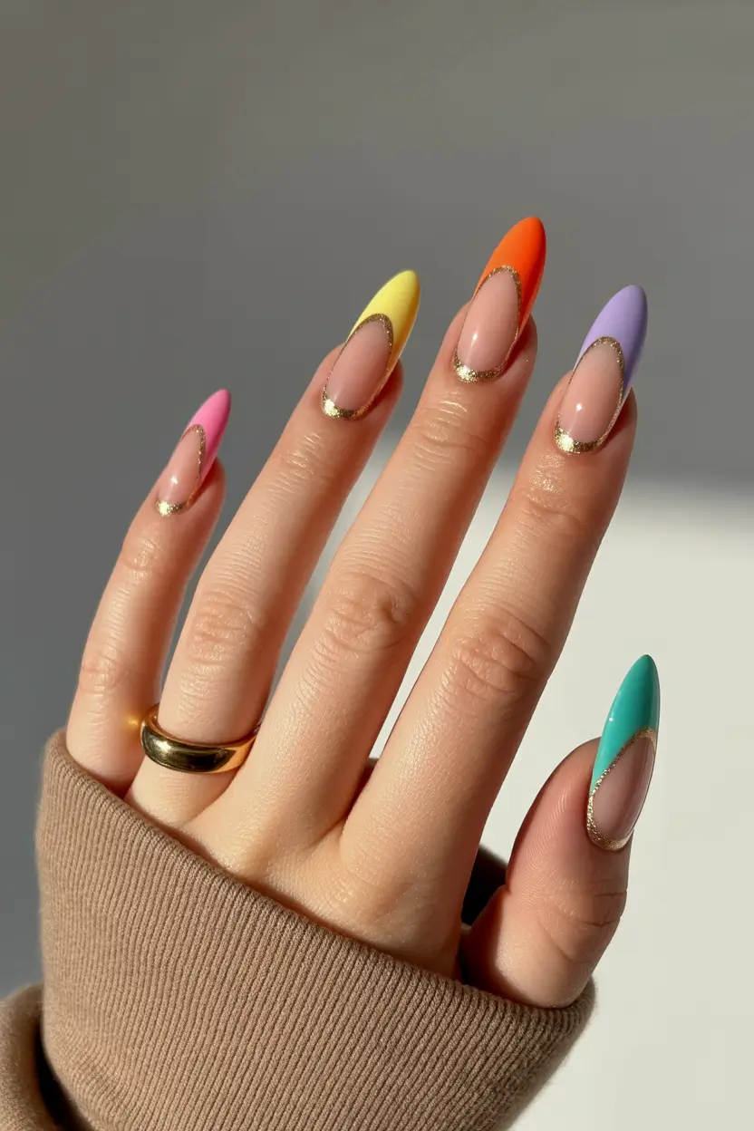 cute spring almond nails 2026 Pastel French Almond Nails with Golden Spring Outline