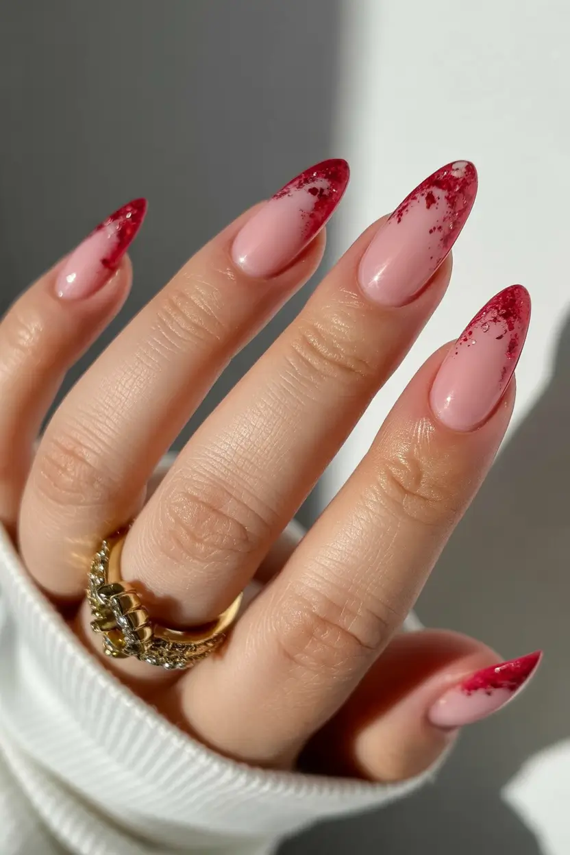cute spring almond nails 2026 Soft Pink Almond Nails with Crimson Glitter Fade