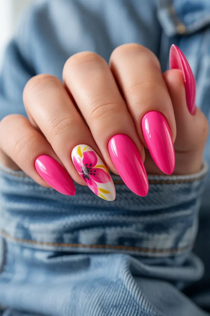 cute spring almond nails 2026 Hot Pink Almond Nails with Bold Floral Accent