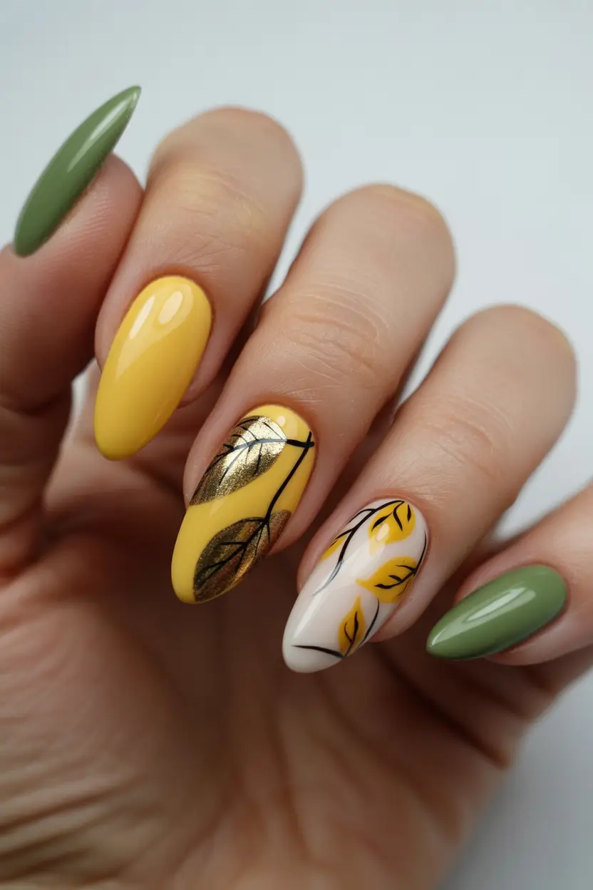 cute spring almond nails 2026 Fresh Green and Yellow Almond Nails with Botanical Art