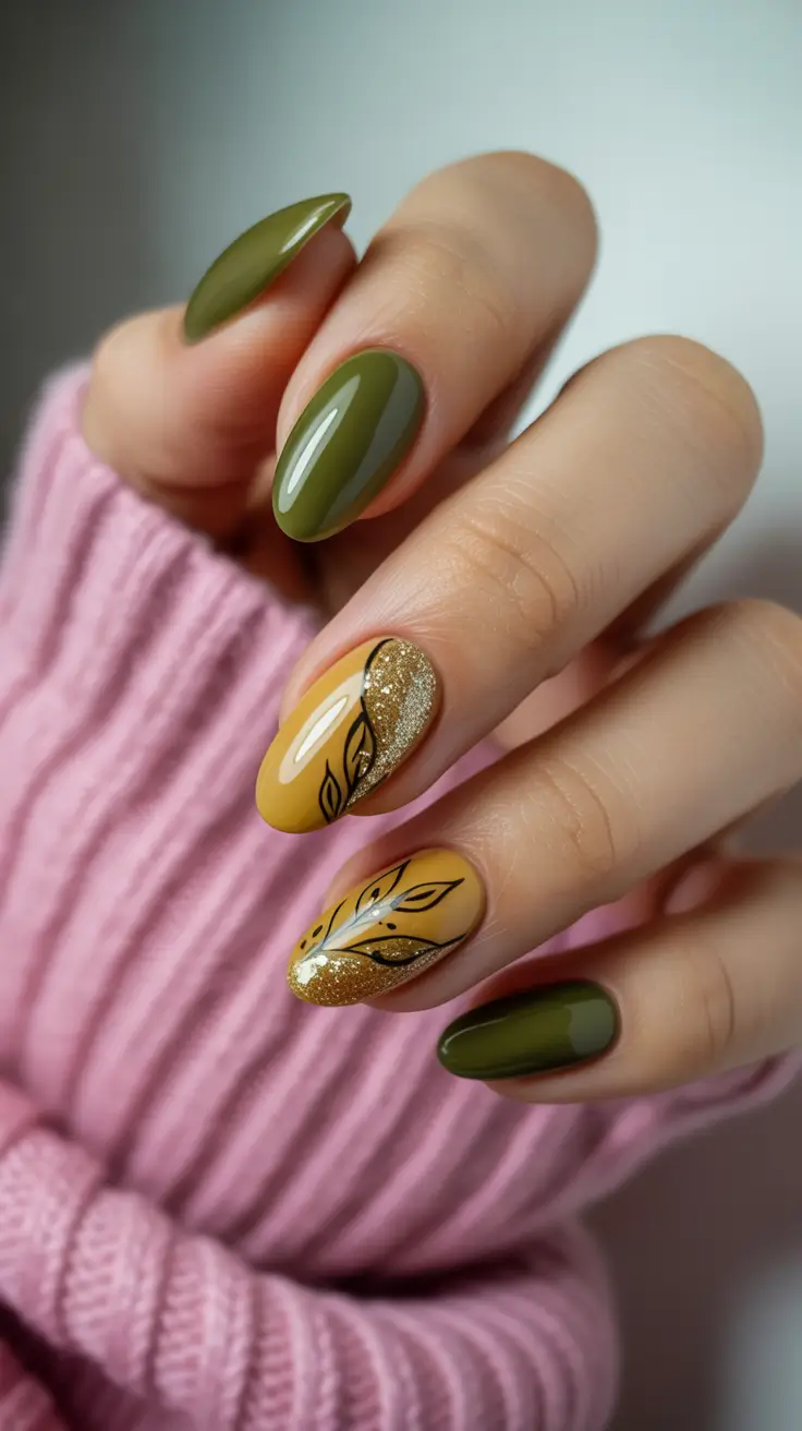 cute spring almond nails 2026 Olive Almond Nails with Gold Leaf Accent Energy