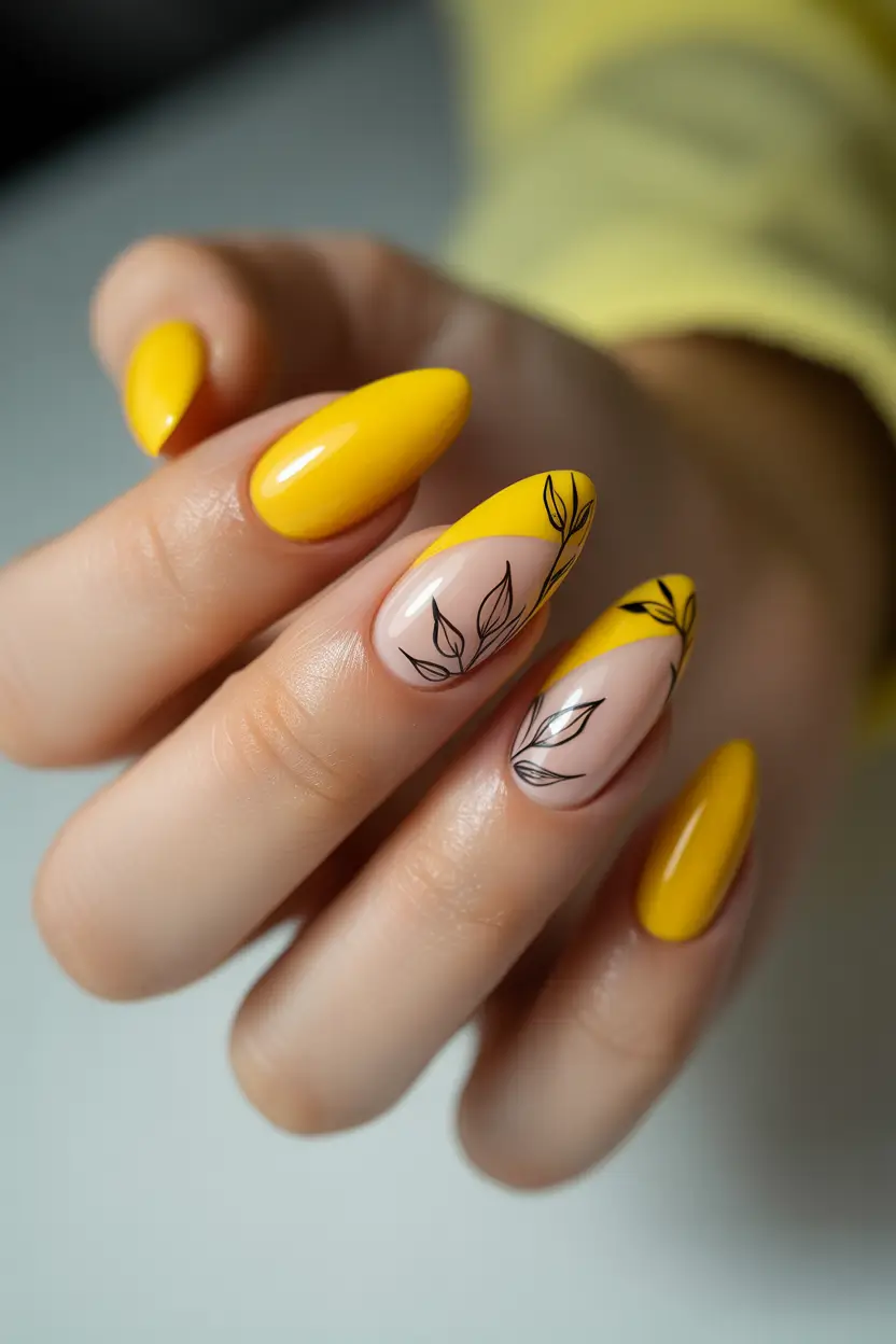 cute spring almond nails 2026 Bright Yellow Almond Nails with Minimal Line Art