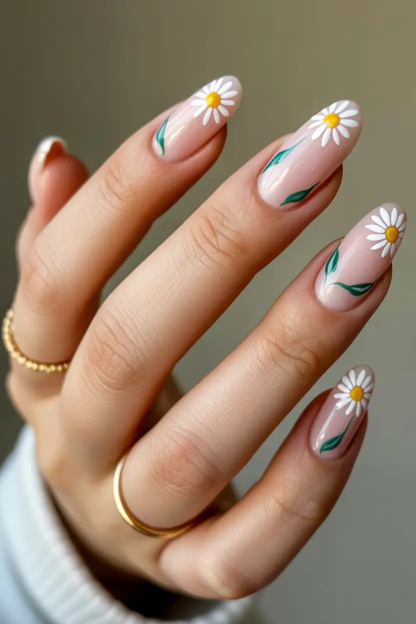 cute spring almond nails 2026 Soft Daisy Almond Nails with Natural Pink Base