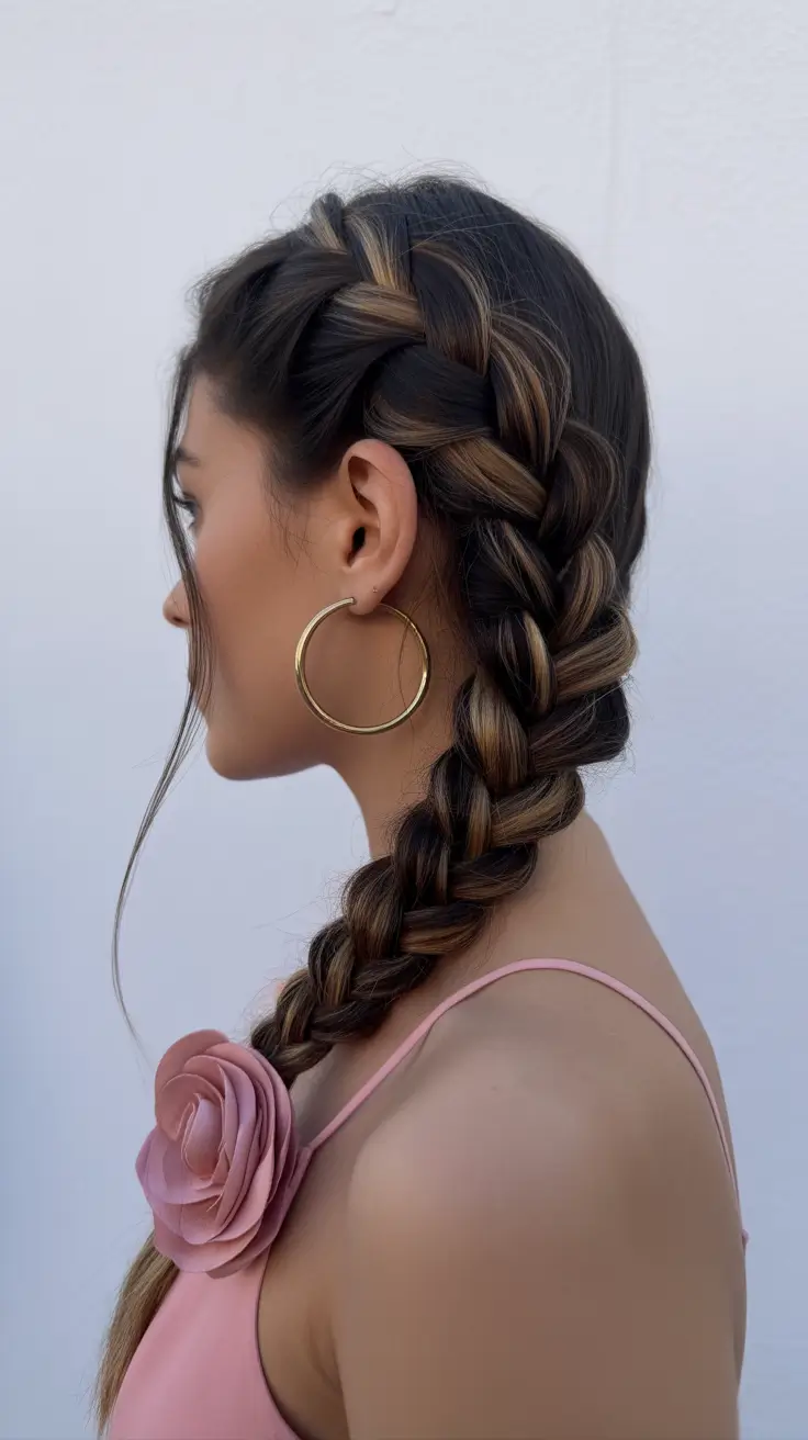 spring braids hairstyle 2026 Side-Swept Dutch Braid with Caramel Dimension