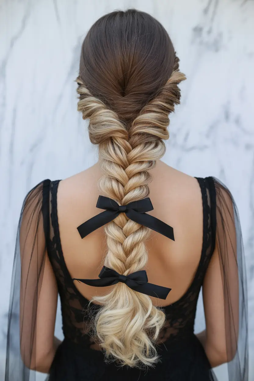 spring braids hairstyle 2026 Voluminous Blonde Braid with Ribbon Accents