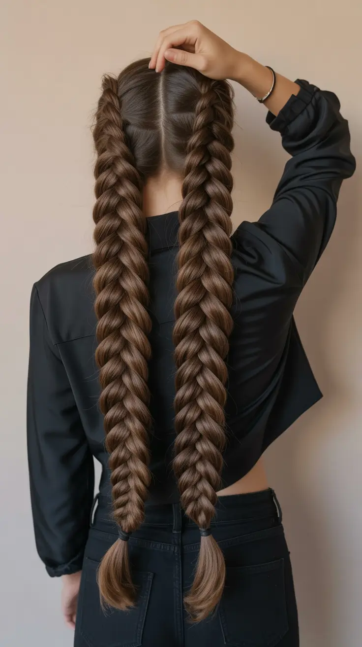 spring braids hairstyle 2026 Long Double Dutch Braids with Clean Parting
