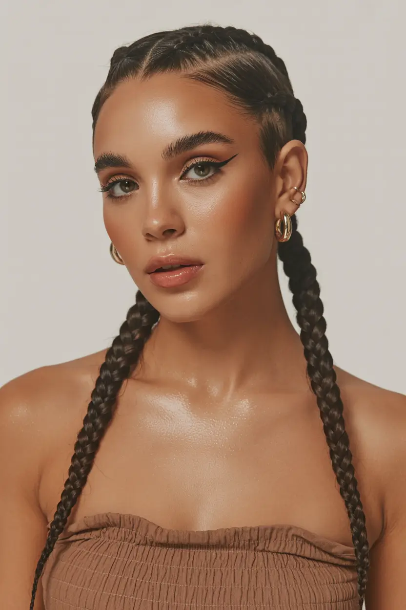 spring braids hairstyle 2026 Double Feed In Braids With Sculpted Edges