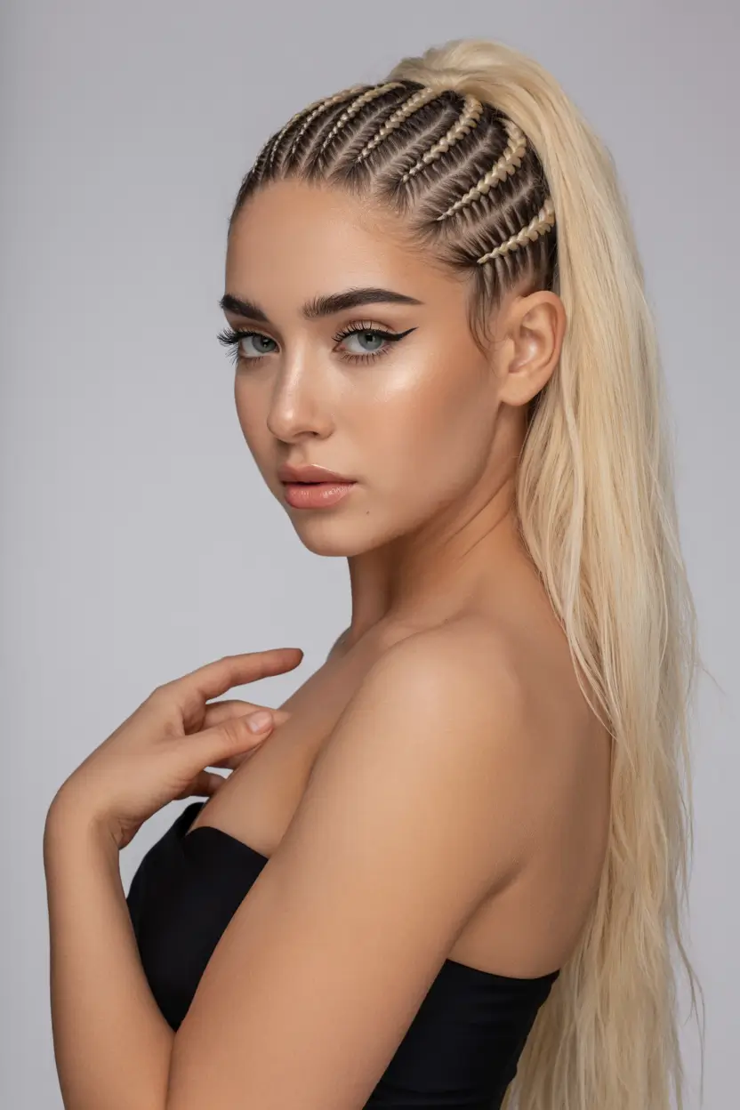 spring braids hairstyle 2026 Intricate Side Cornrows Into Long Pony