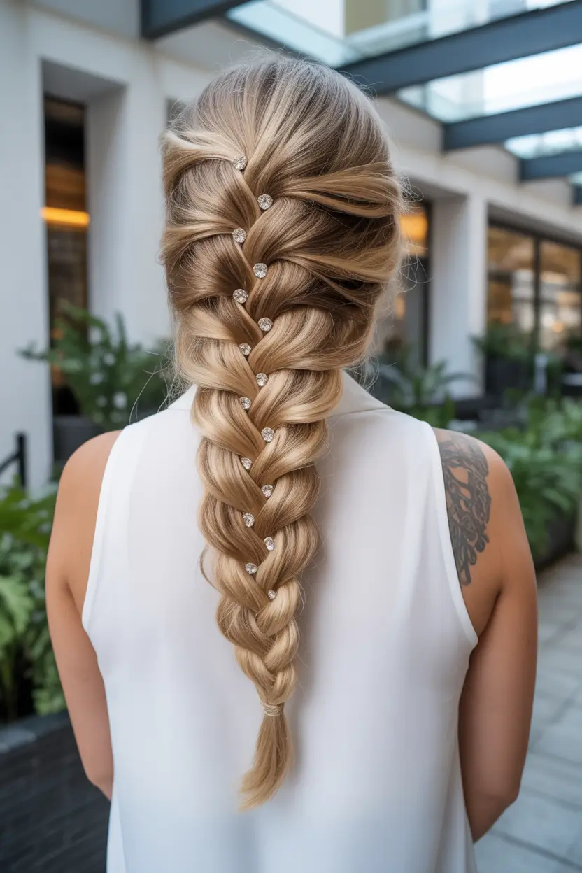 spring braids hairstyle 2026 Voluminous Boho Fishtail with Subtle Embellishment