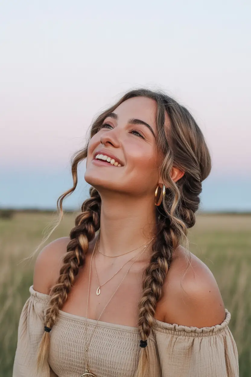 spring braids hairstyle 2026 Soft Double Dutch Braids for Golden Hour Days